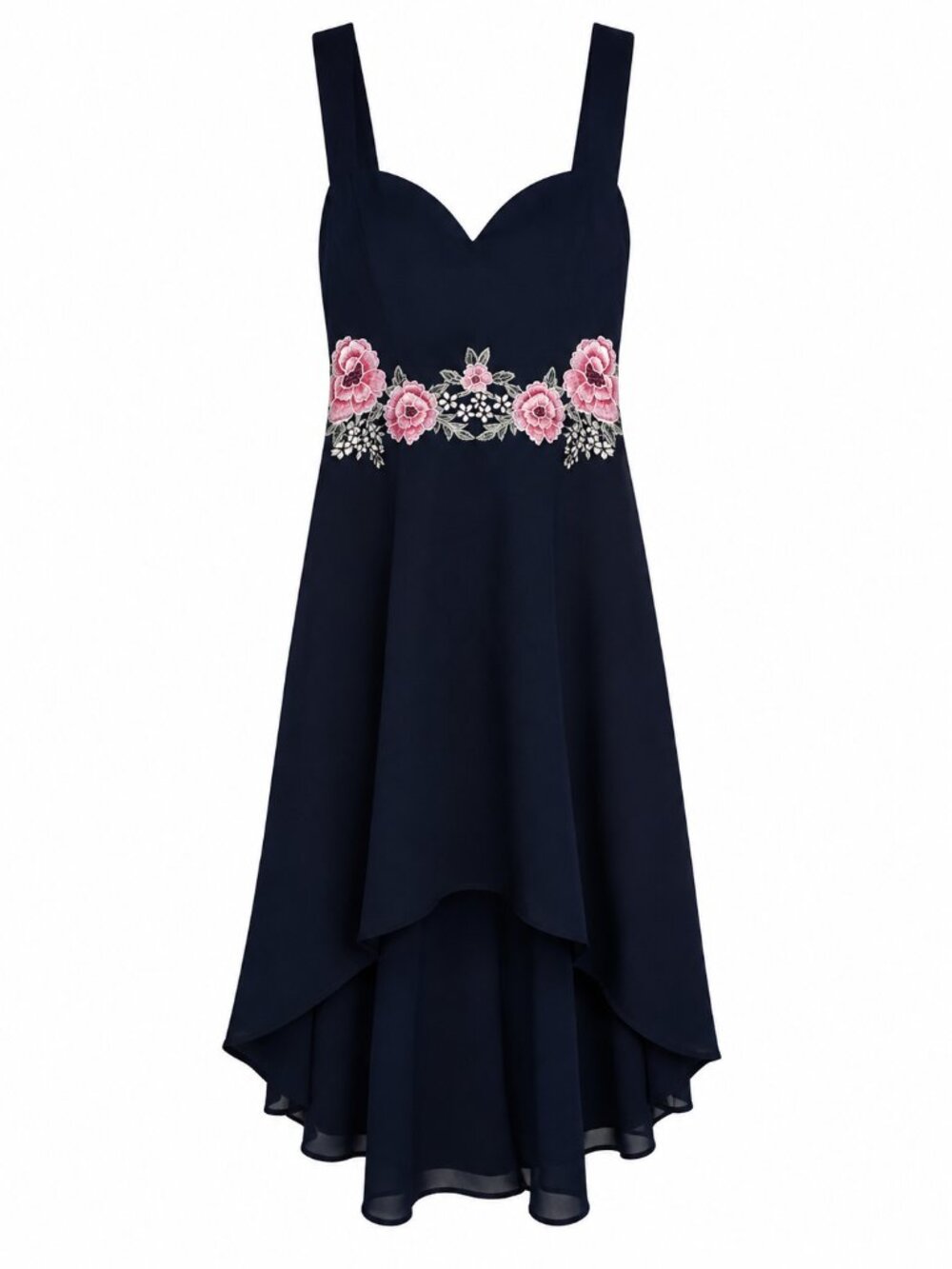 Premier Amour Navy Floral Embroidered High Low Dress Size 4